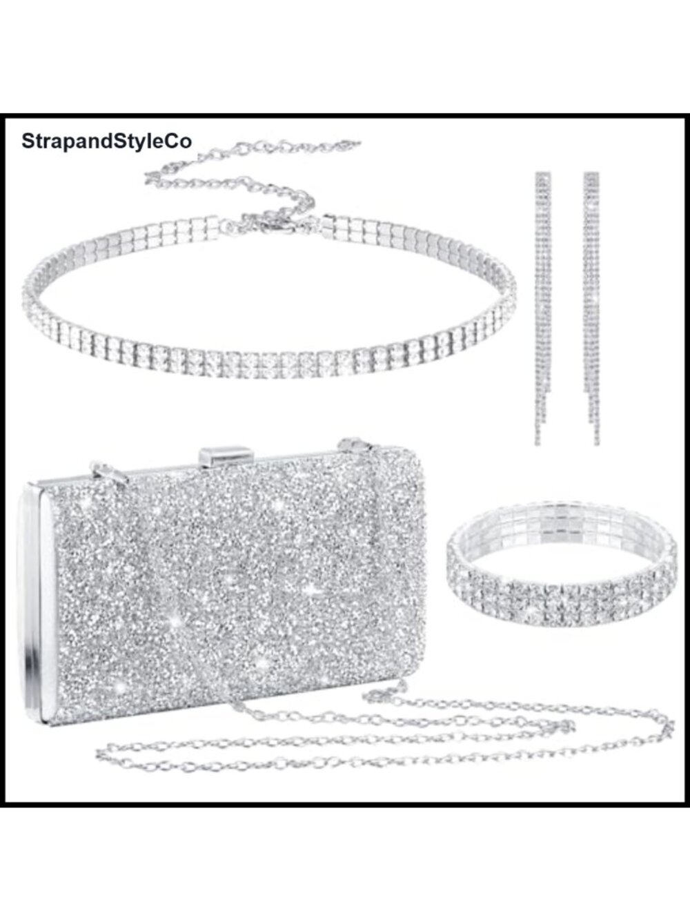 Rhinestone Clutch Purse Jewelry Set Necklace Bangle Dangle Earrings Wedding